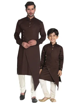 Vastramay Cotton Satin Blend Coffee Brown and Cream Baap Beta Kurta Pyjama Set