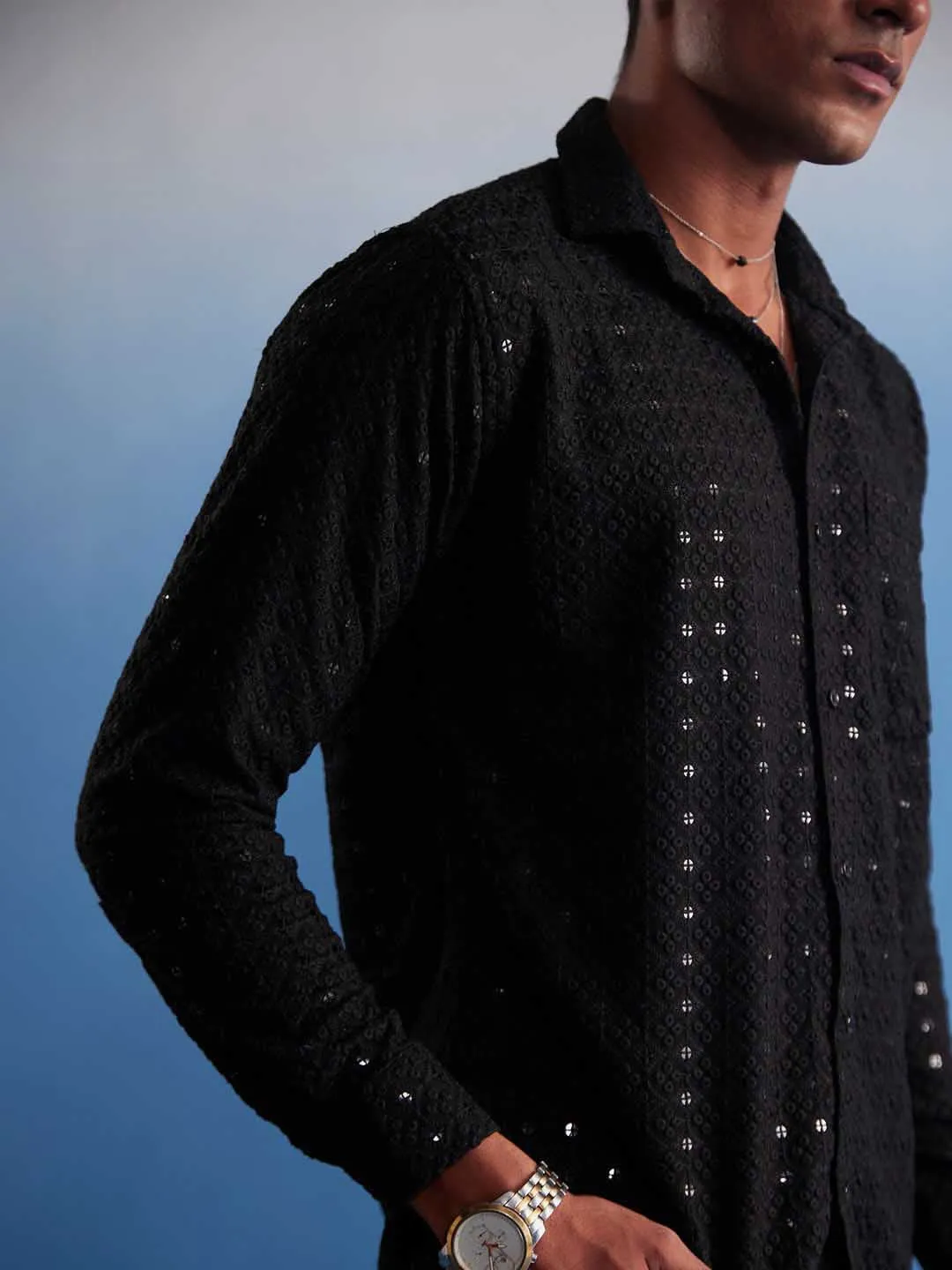 VASTRAMAY Men's Black Embellished Rayon Shirt