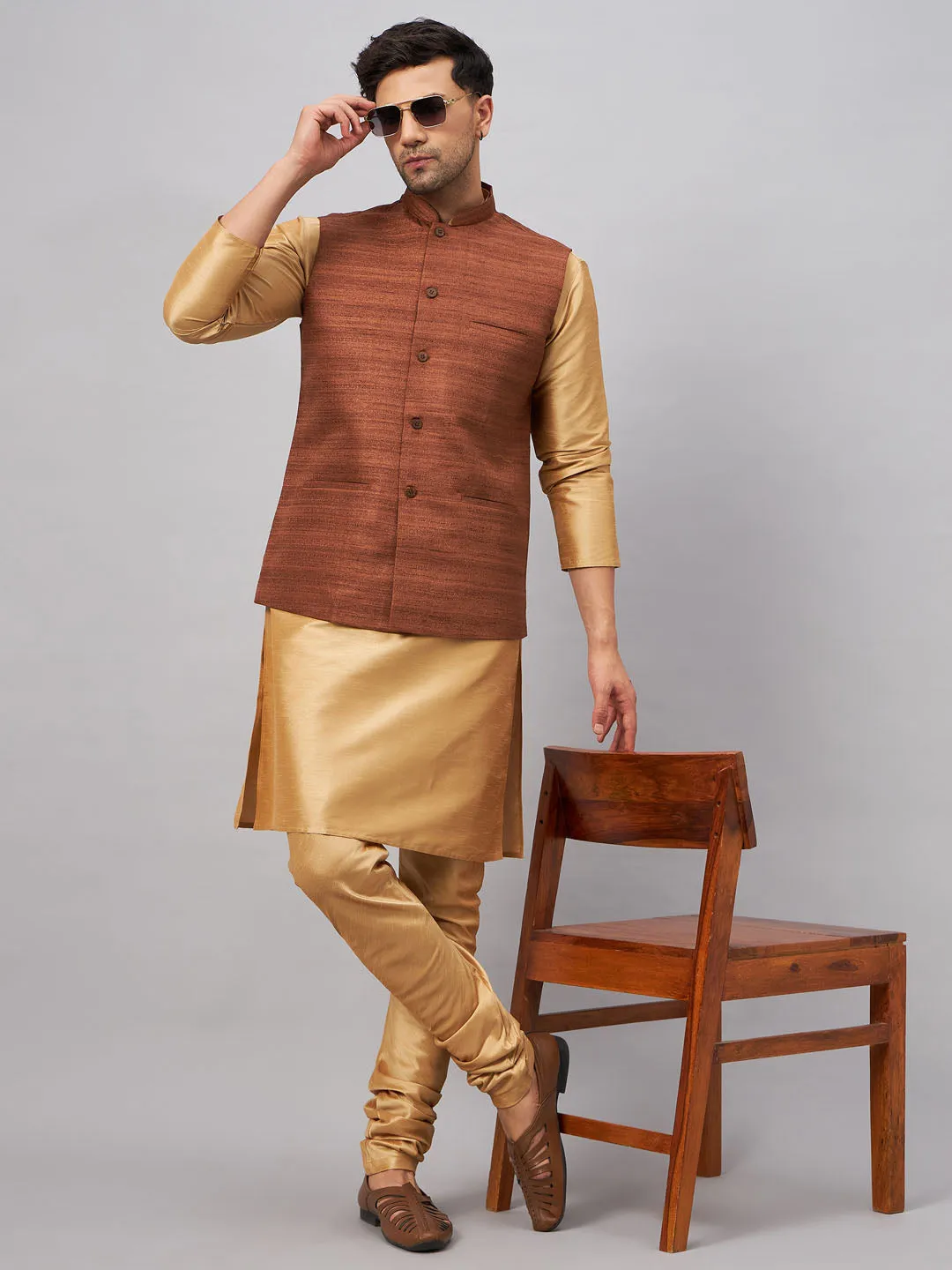 VASTRAMAY Men's Coffee Jacket Kurta Set