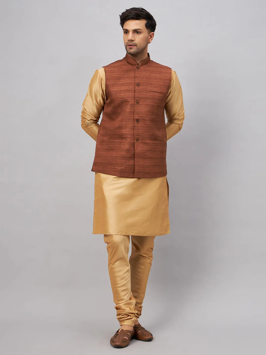 VASTRAMAY Men's Coffee Jacket Kurta Set