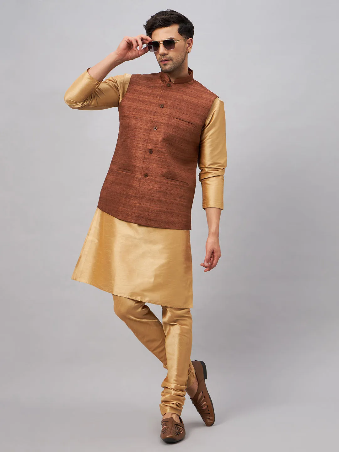 VASTRAMAY Men's Coffee Jacket Kurta Set