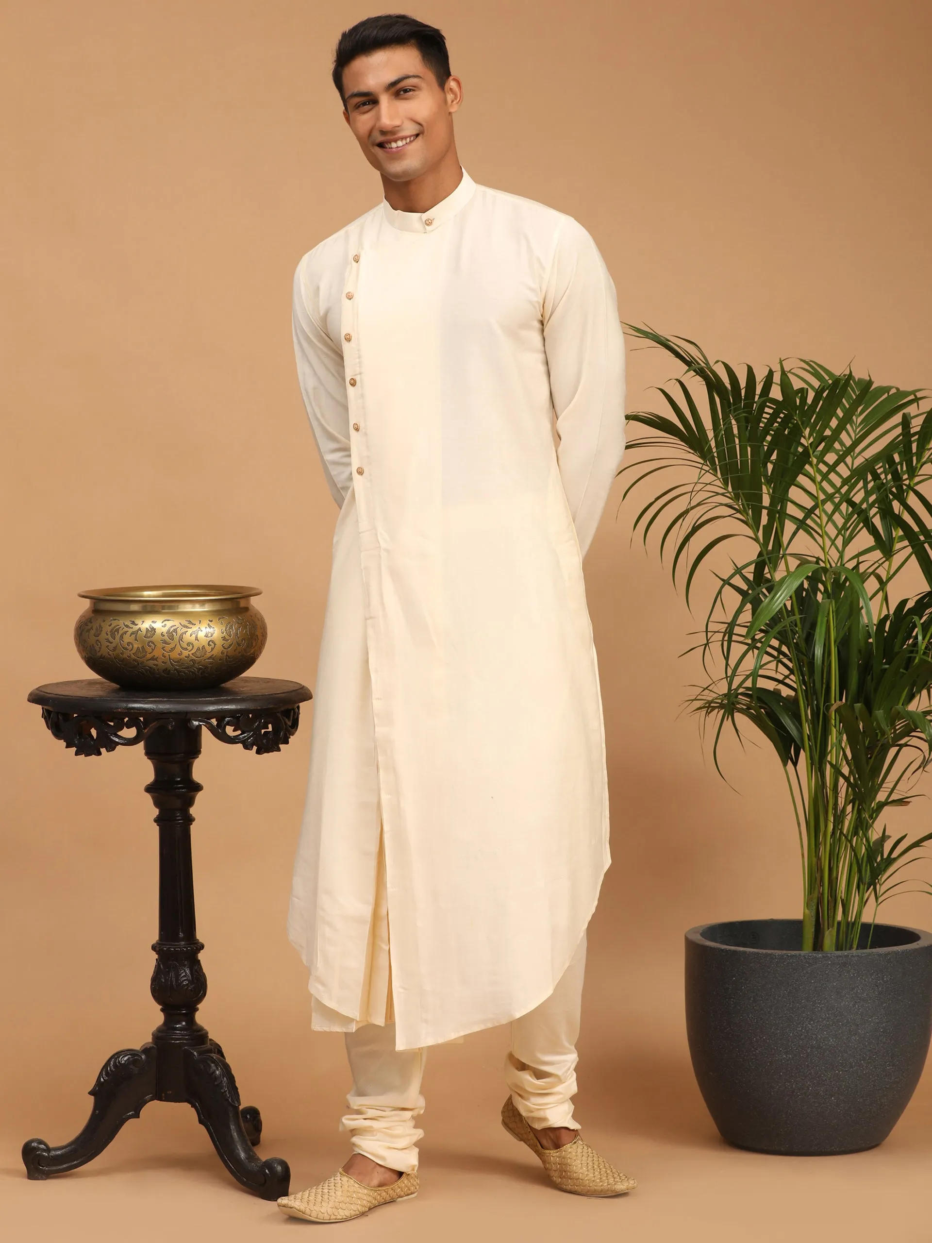 Vastramay Men's Cream Kurta Churidar Set