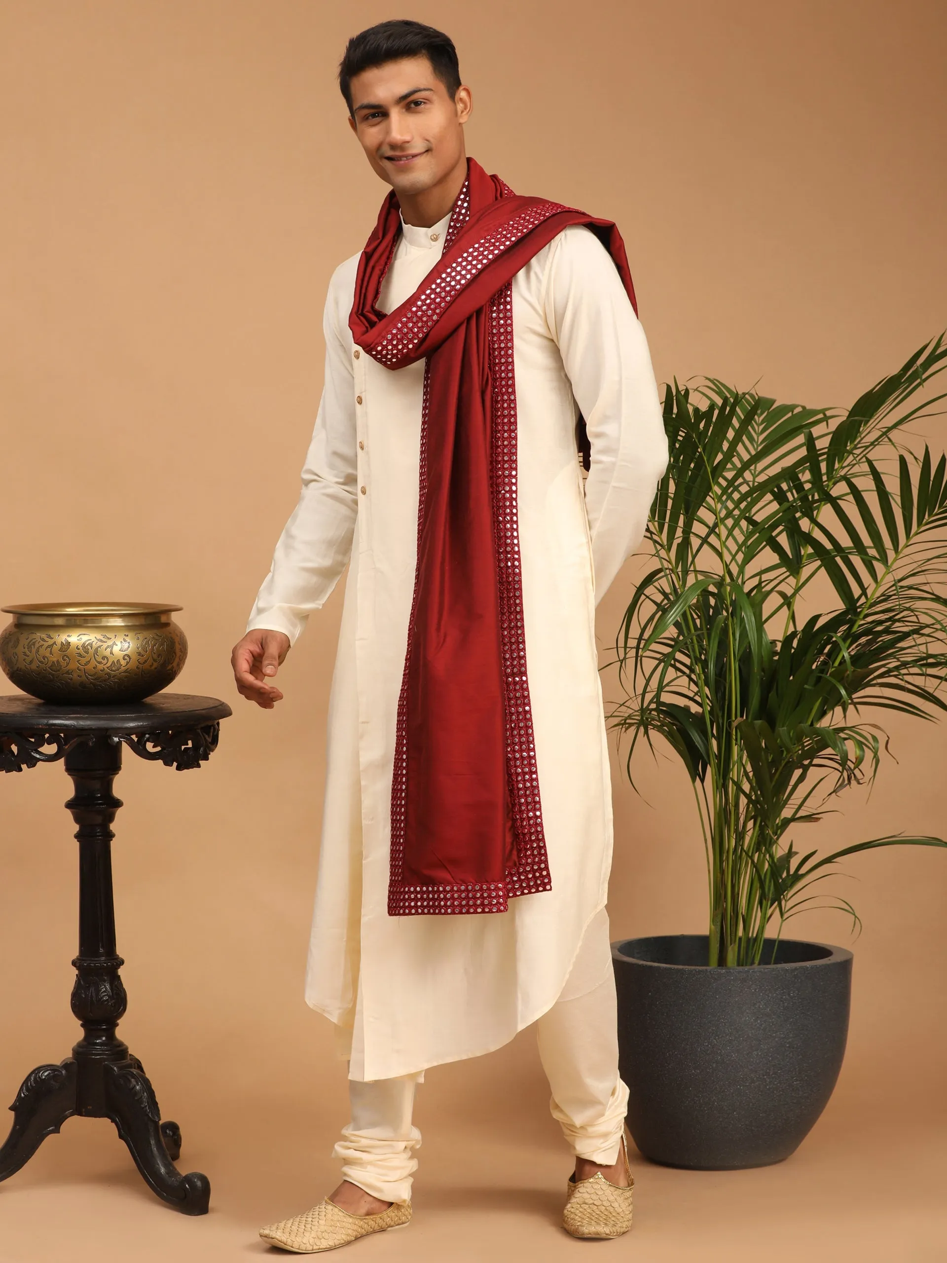 Vastramay Men's Cream Kurta Churidar Set