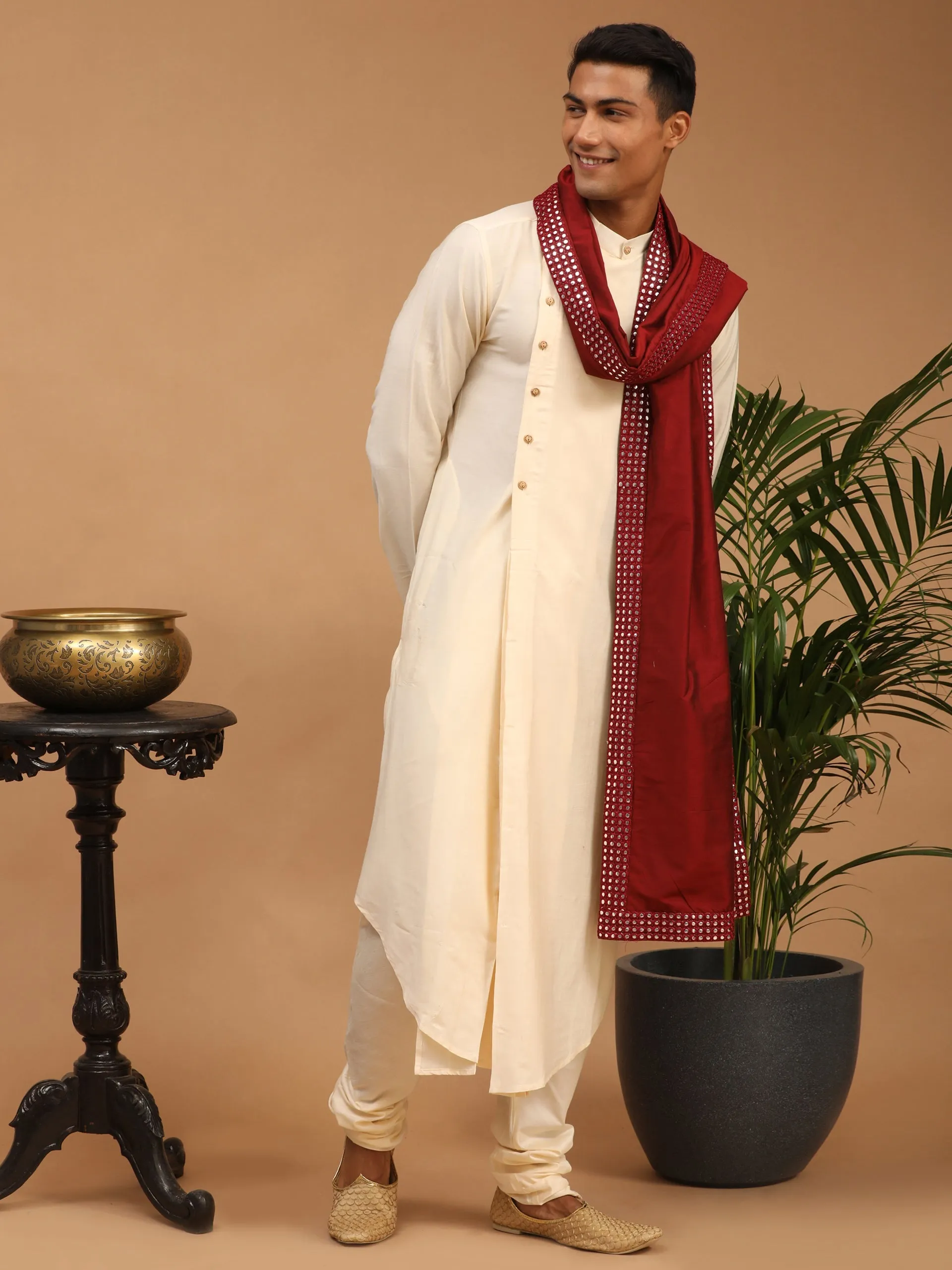 Vastramay Men's Cream Kurta Churidar Set