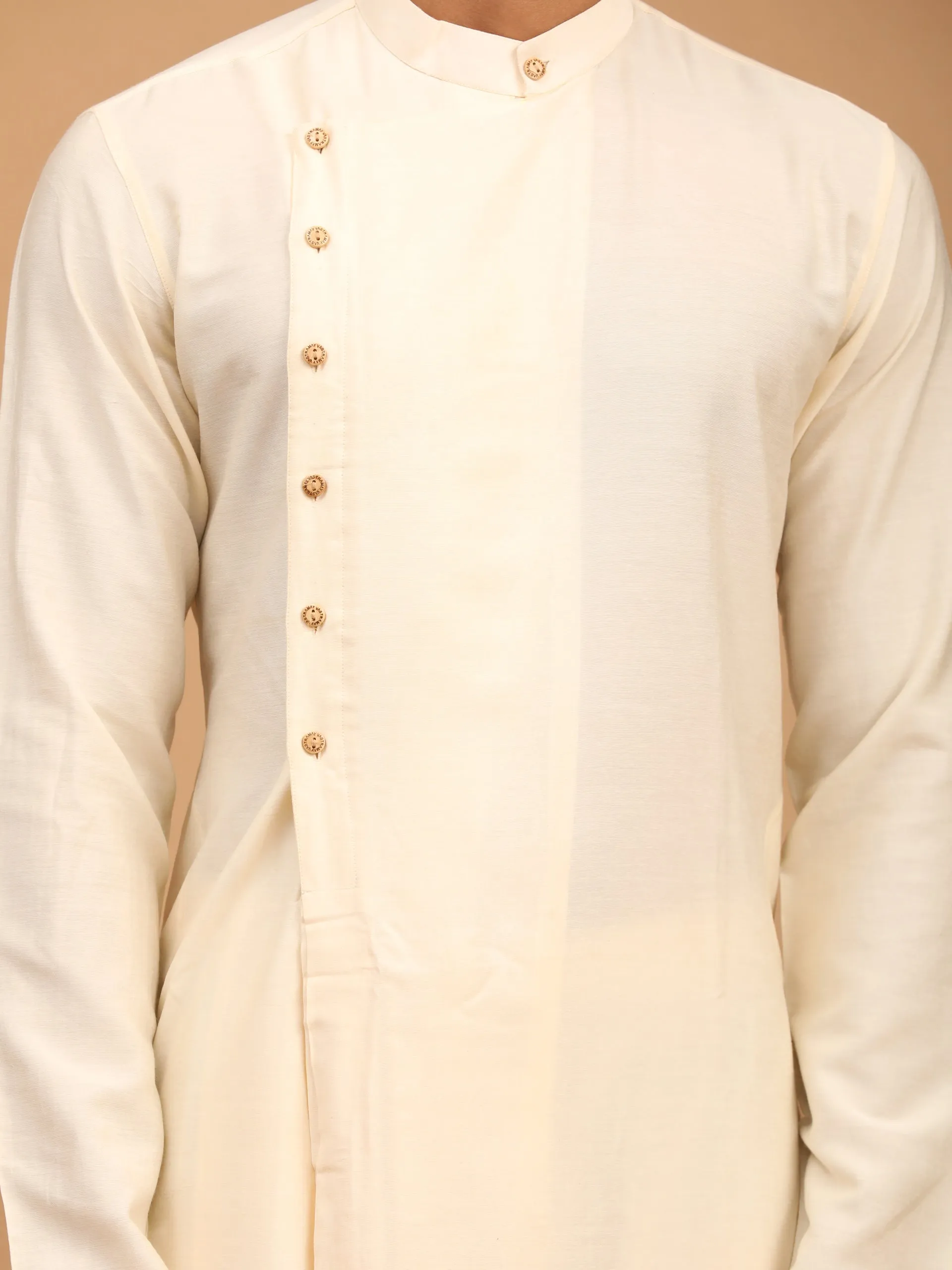 Vastramay Men's Cream Kurta Churidar Set