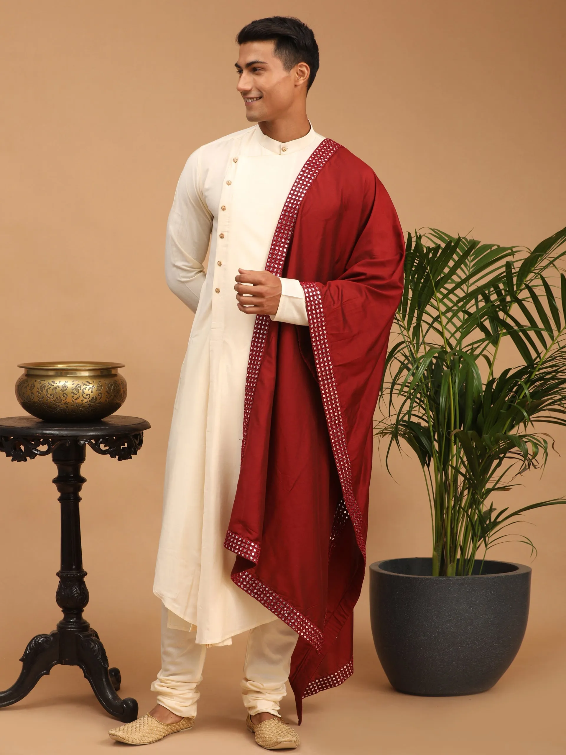 Vastramay Men's Cream Kurta Churidar Set