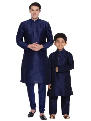 Vastramay Silk Blend Navy Blue Baap Beta Kurta Pyjama Set