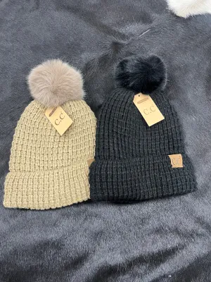 Waffle Knit Faux Fur Pom C.C Beanie