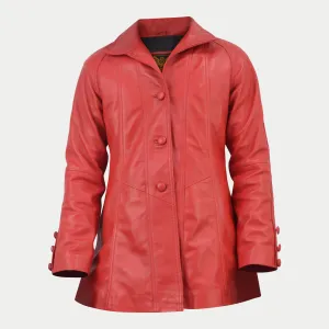 Women's Designer Red Mid-Length Genuine Leather Coat